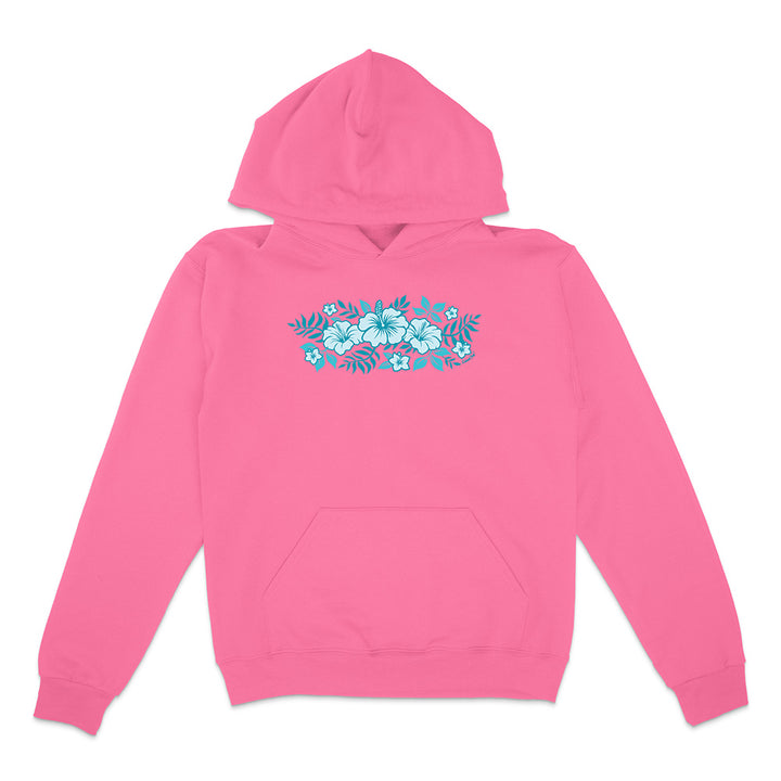 Pink hoodie with a blue floral design on a white background