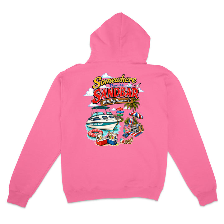 A pink zip-up hoodie shown from the back, featuring a colorful graphic print with the text 'Somewhere in Sandbar With My Name on It' and beach-themed illustrations including a boat, palm tree, beach umbrella, and cooler.