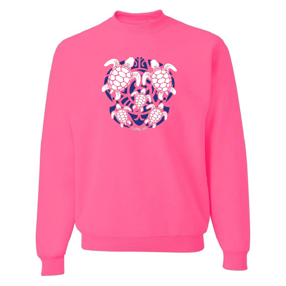 Pink hoodie with a blue and white turtle graphic on a white background