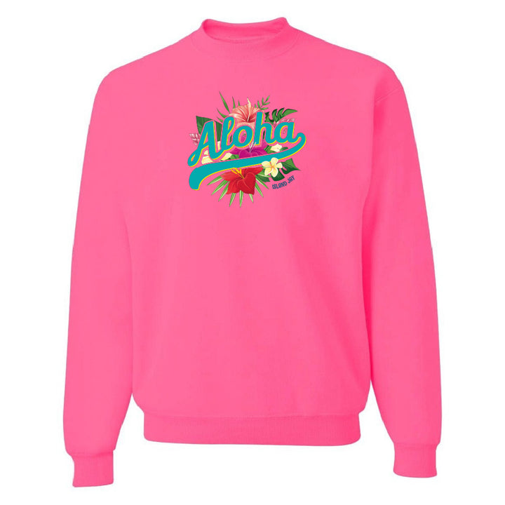 Pink sweatshirt with 'Aloha' and floral design on a white background