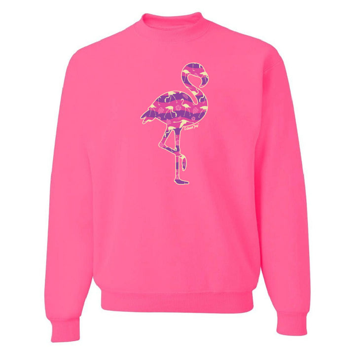 Neon Pink sweatshirt with a colorful flamingo design on a white background