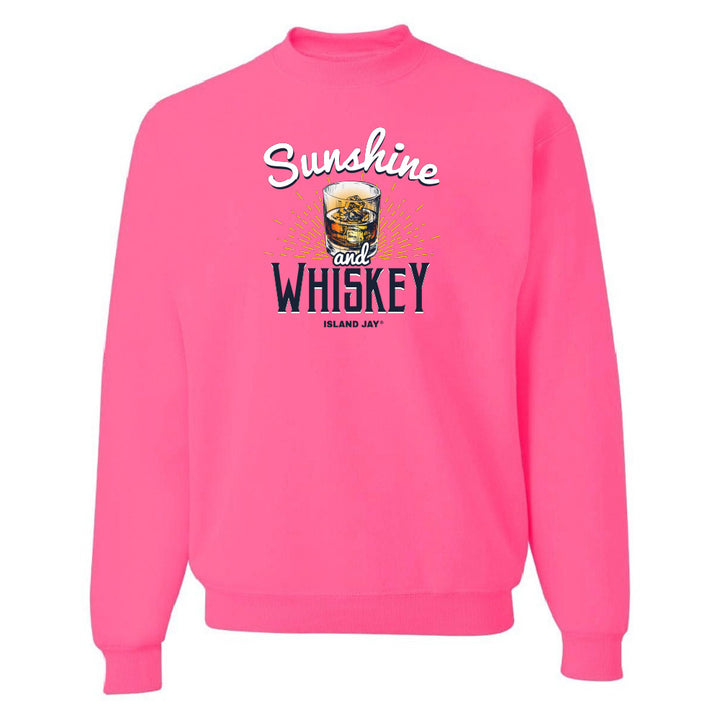 Pink sweatshirt with 'Sunshine and Whiskey' text and graphic on a white background