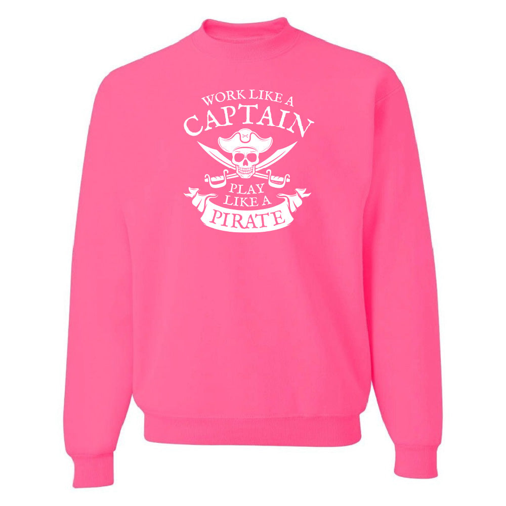 Pink sweatshirt with white text and graphics on a white background