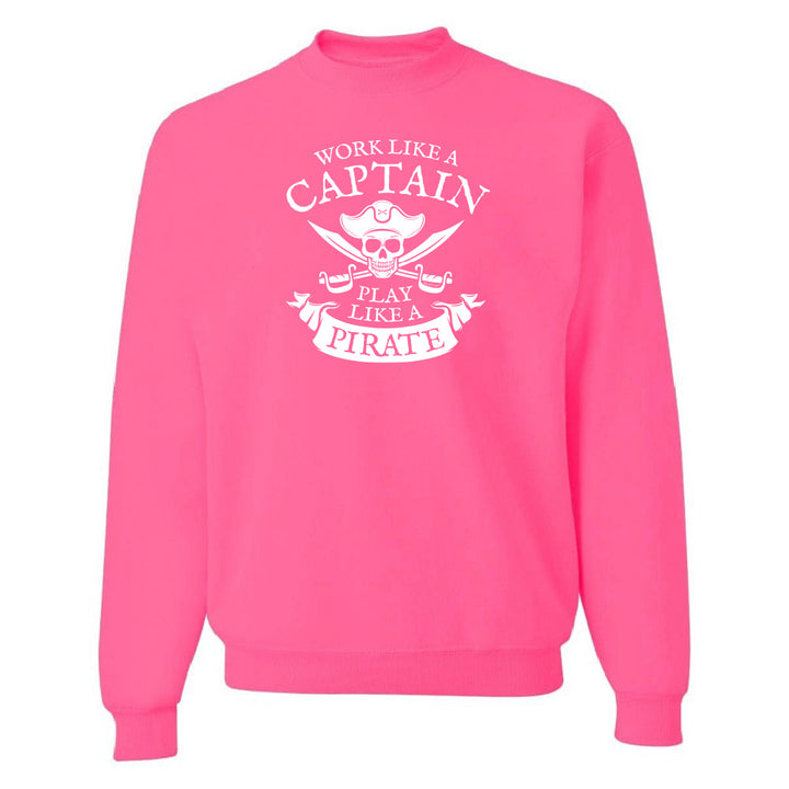 Pink sweatshirt with white text and graphics on a white background