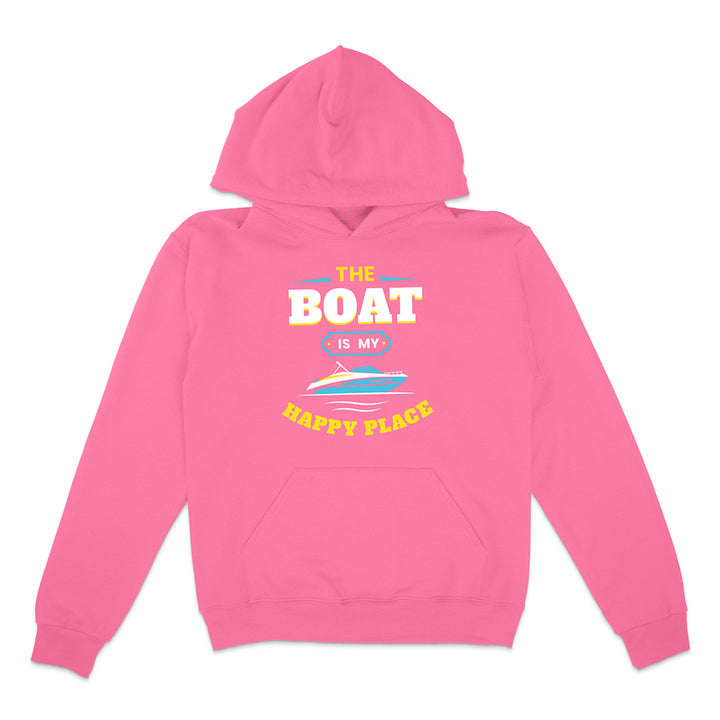 Pink hoodie with 'The Boat is My Happy Place' text and graphic on a white background