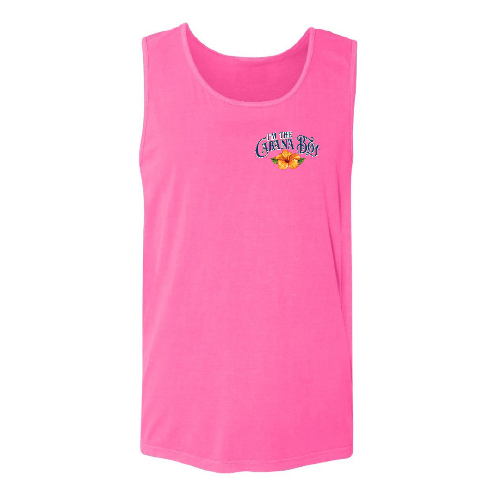 A bright pink sleeveless tank top with a small graphic on the left chest reading 'I'm The Caribbean Boy' in blue script with a yellow-orange flower illustration, shown on a plain white background.
