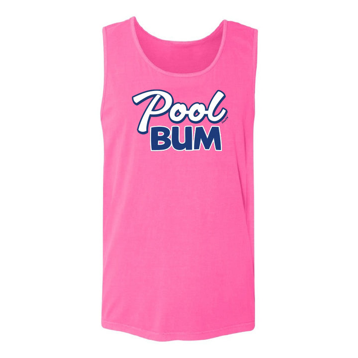 Pink tank top with 'Pool Bum' text on a white background