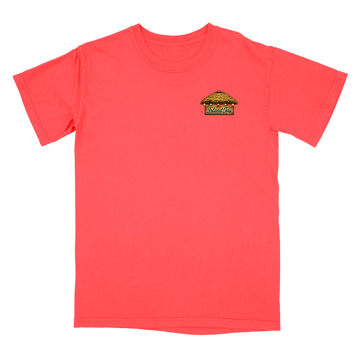 A red short-sleeve crewneck t-shirt with a small graphic on the left chest depicting a small house with the text 'Island Jay' in a stylized font.