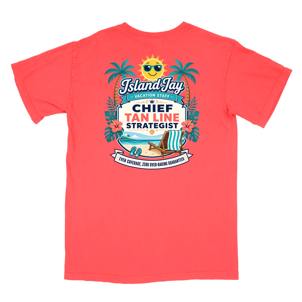 A coral short-sleeve t-shirt with a colorful graphic print on the front. The graphic features a smiling sun wearing sunglasses, palm trees, a beach scene, and text that reads 'Island Jay Vacation Staff by CHIEF TAN LINE STRATEGIST'.