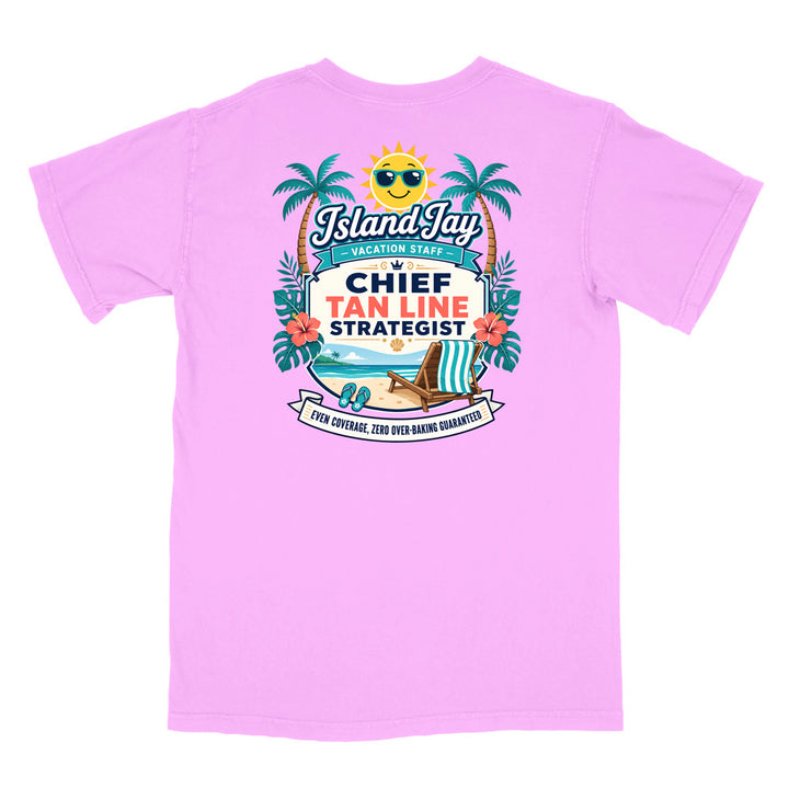 A violet short-sleeve t-shirt with a colorful graphic print on the front. The graphic features a smiling sun wearing sunglasses, palm trees, a beach scene, and text that reads 'Island Jay Vacation Staff by CHIEF TAN LINE STRATEGIST'.
