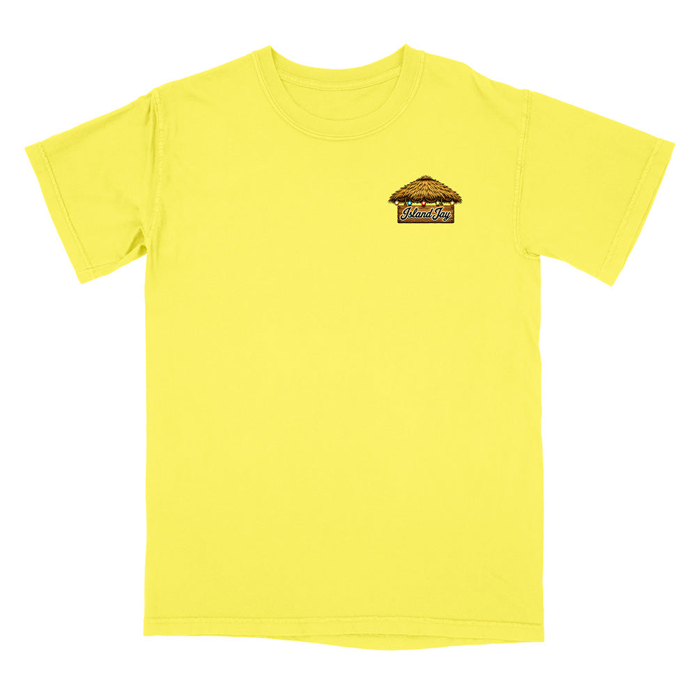 A bright yellow short-sleeve crewneck t-shirt with a small graphic on the left chest depicting a taco with the text 'Tacos Mexican'.