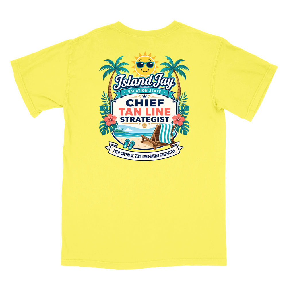 A bright yellow short-sleeve t-shirt with a colorful graphic print on the front. The graphic features a smiling sun wearing sunglasses, palm trees, a beach scene, and text that reads 'Island Jay Vacation Staff by CHIEF TAN LINE STRATEGIST'.