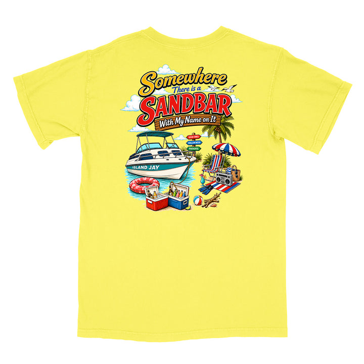 A bright yellow short-sleeve t-shirt shown flat against a white background, featuring a colorful graphic print on the front with the text 'Somewhere There is a SANDBAR With My Name on It' and beach-themed illustrations.