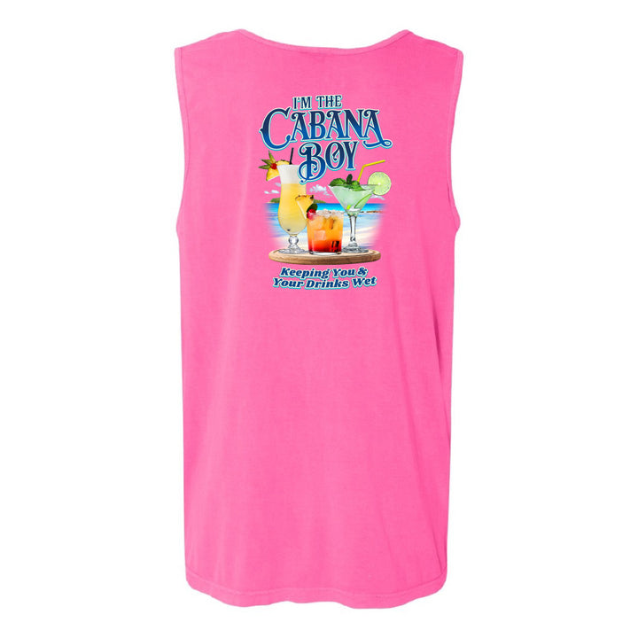 A bright pink sleeveless tank top with a colorful graphic on the front reading 'I'm The Cabana Boy' and 'Keeping You & Your Drinks Wet,' shown on a plain white background.