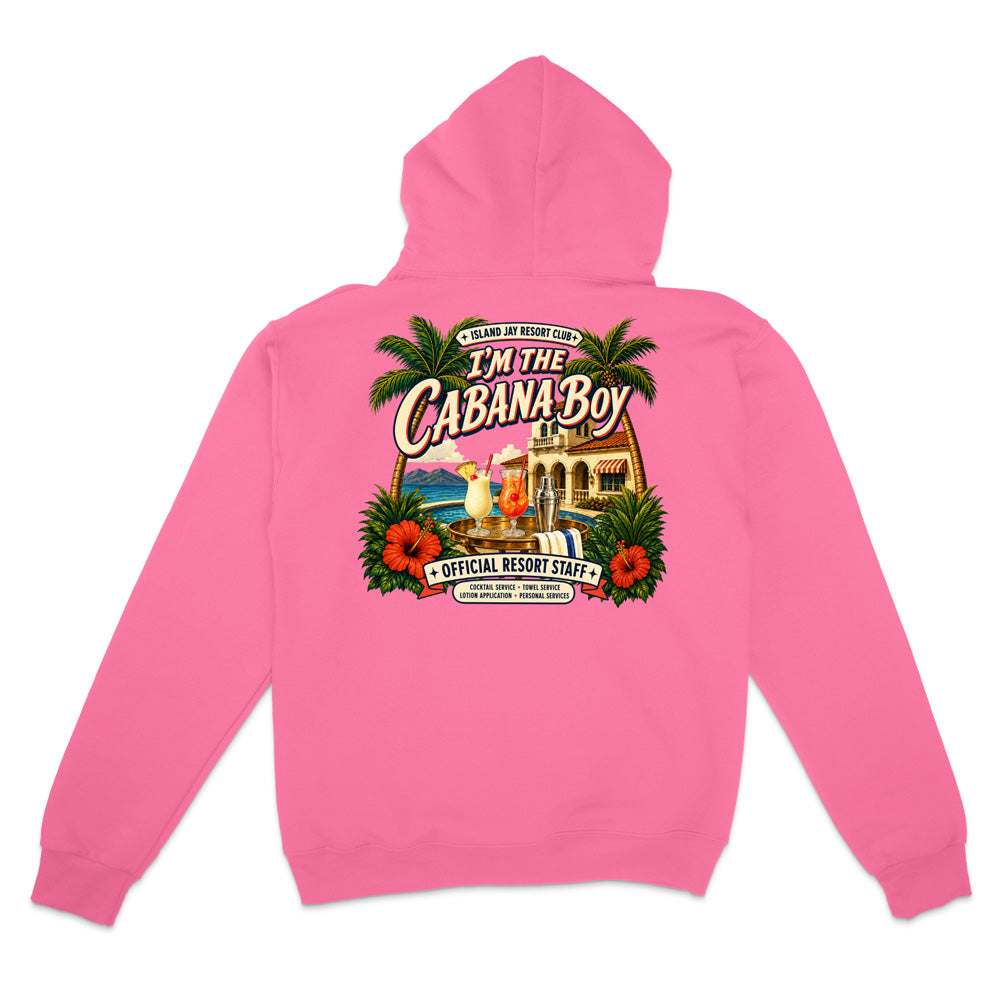 A bright pink pullover hoodie shown from the back, featuring a large colorful graphic print with palm trees, tropical drinks, flowers, and the text 'I'M THE CABANA BOY' and 'OFFICIAL RESORT STAFF'.