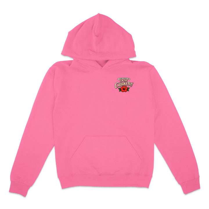 A bright pink pullover hoodie with a small graphic on the left chest featuring a red rose and the text 'Cleveland Cleaners'.