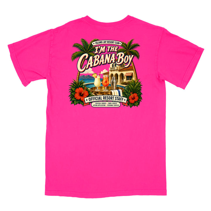 A bright pink short-sleeve t-shirt shown from the back, featuring a large, colorful graphic print with palm trees, hibiscus flowers, a cabana, and the text 'I'm The Cabana Boy' and 'Official Resort Staff'.