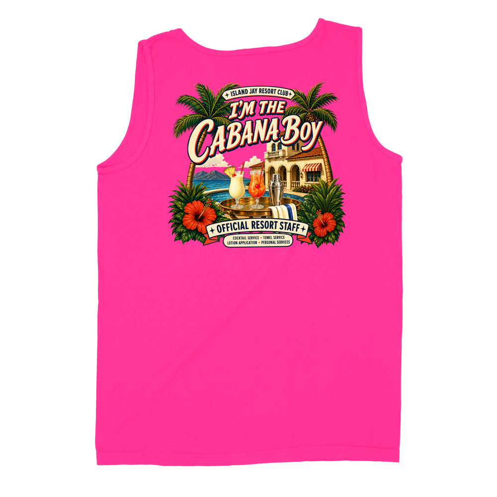 A bright pink sleeveless tank top with a large colorful graphic on the front. The graphic features the text 'I'M THE CABANA BOY' in stylized lettering, surrounded by palm trees, hibiscus flowers, a beach scene, and cocktail illustrations.