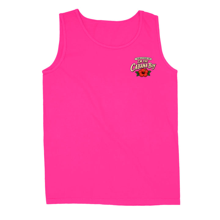 A bright pink sleeveless tank top with a small graphic on the left chest reading 'The Cabana Boy' with red roses, shown on a plain white background.