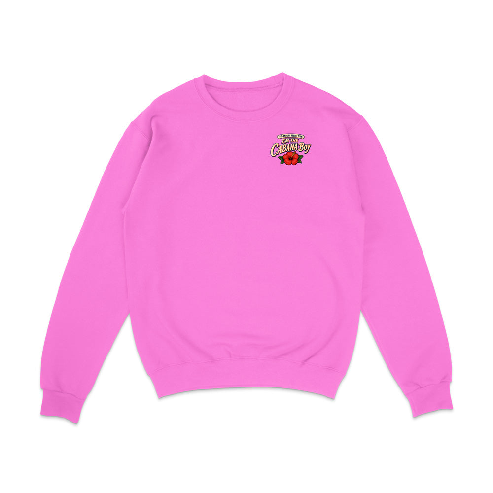 A bright pink crewneck sweatshirt with a small graphic on the left chest reading 'Bloomer Alley' with a red flower illustration, displayed on a clean white background.
