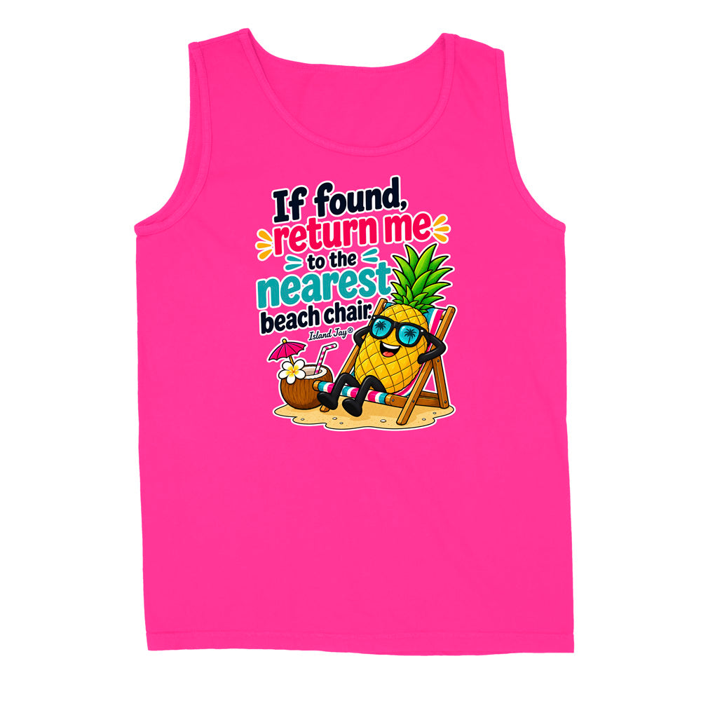 A bright pink sleeveless tank top with a colorful graphic on the front. The graphic features a pineapple character wearing sunglasses and sitting in a beach chair next to a coconut drink, with the text 'If found, return me to the nearest beach chair.