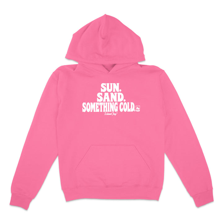 A bright pink pullover hoodie with a white graphic text print reading 'SUN.  Sand. Something cold