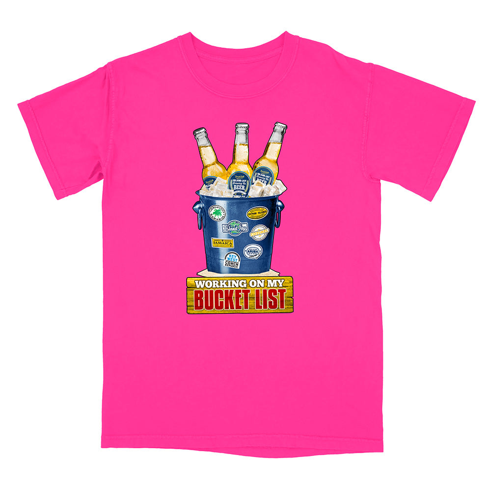 Neon Pink t-shirt with a graphic of a bucket of beer and 'Working on my Bucket List' text.