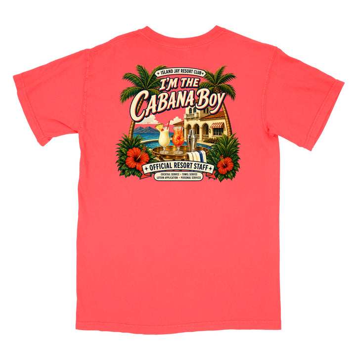 A coral pink short-sleeve t-shirt shown from the back, featuring a large colorful graphic print with the text 'I'm The Cabana Boy' and tropical resort-themed artwork.
