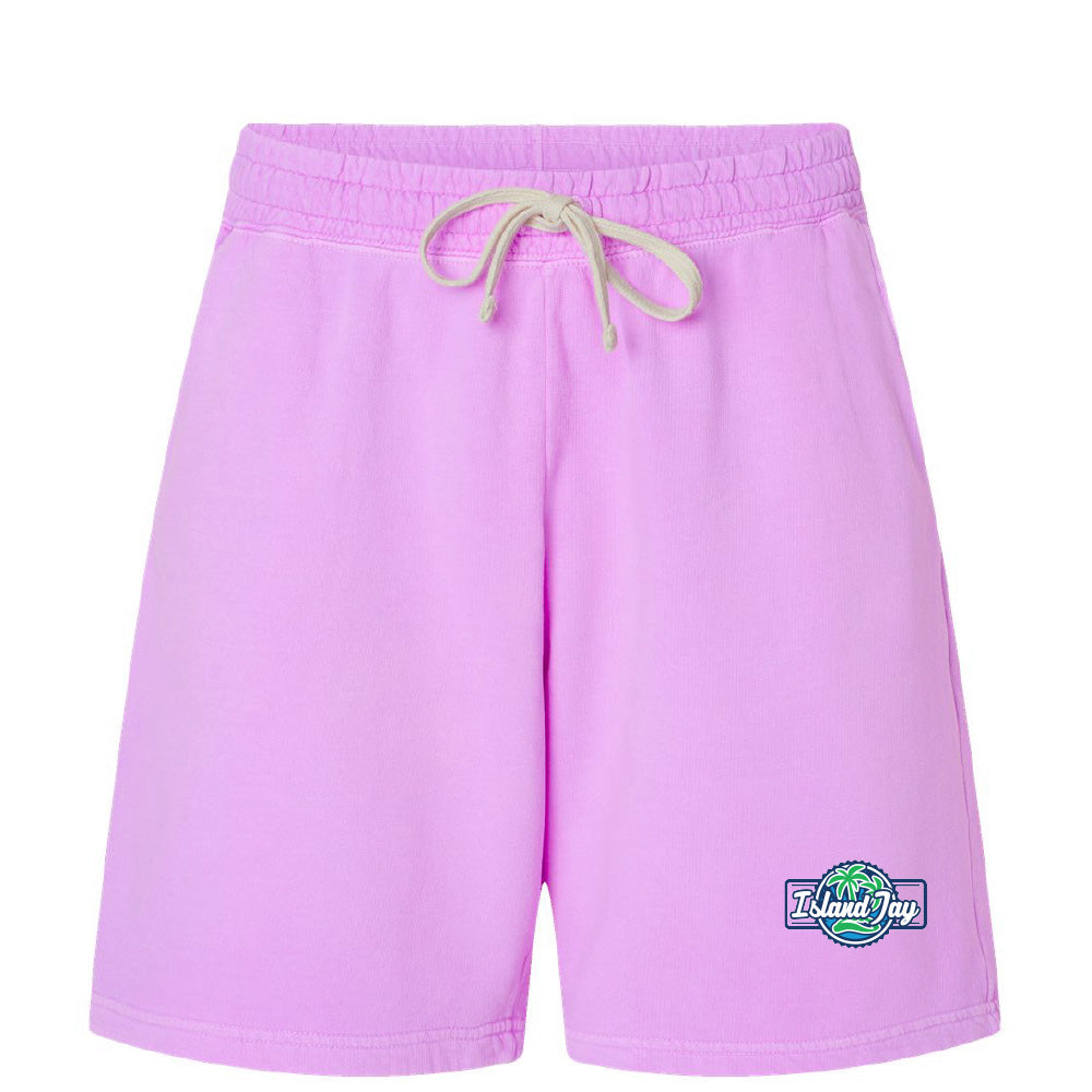 Purple shorts with a logo on a white background