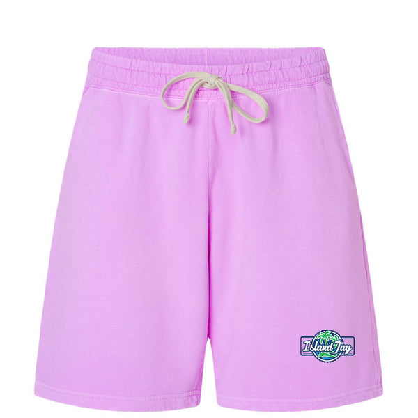 Purple shorts with a logo on a white background