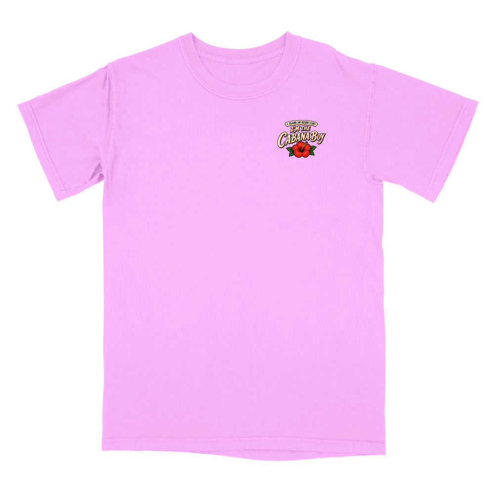 A light pink short-sleeve crewneck t-shirt with a small graphic on the left chest featuring the words 'BEST CLEANTY' in a stylized design with a red flower.