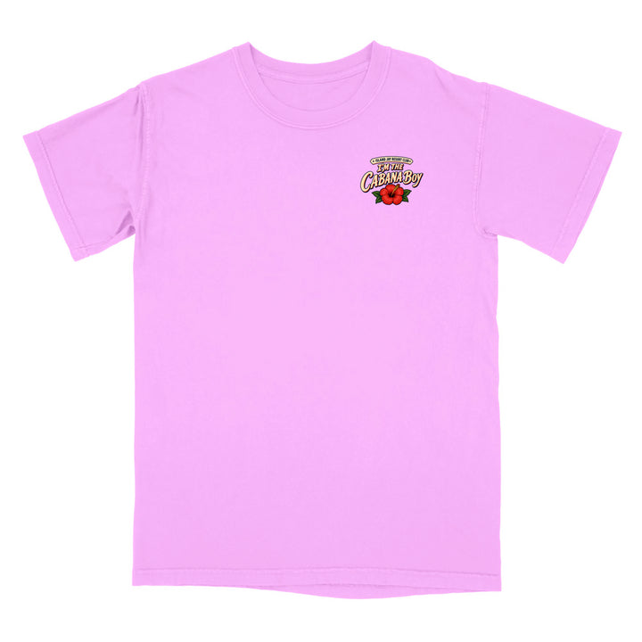 A light pink short-sleeve crewneck t-shirt with a small graphic on the left chest featuring the words 'BEST CLEANTY' in a stylized design with a red flower.