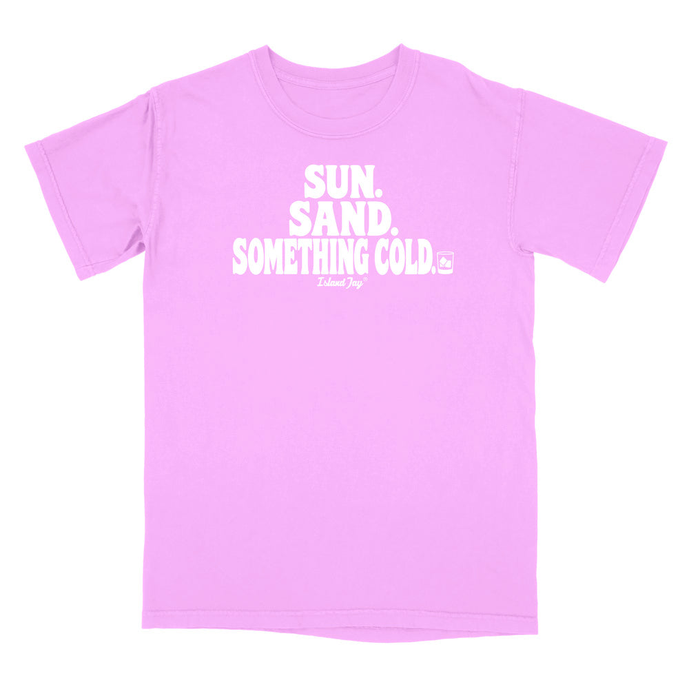 A neon violet short-sleeve t-shirt with a white graphic print on the chest reading 'SUN. SAND. Something Cold