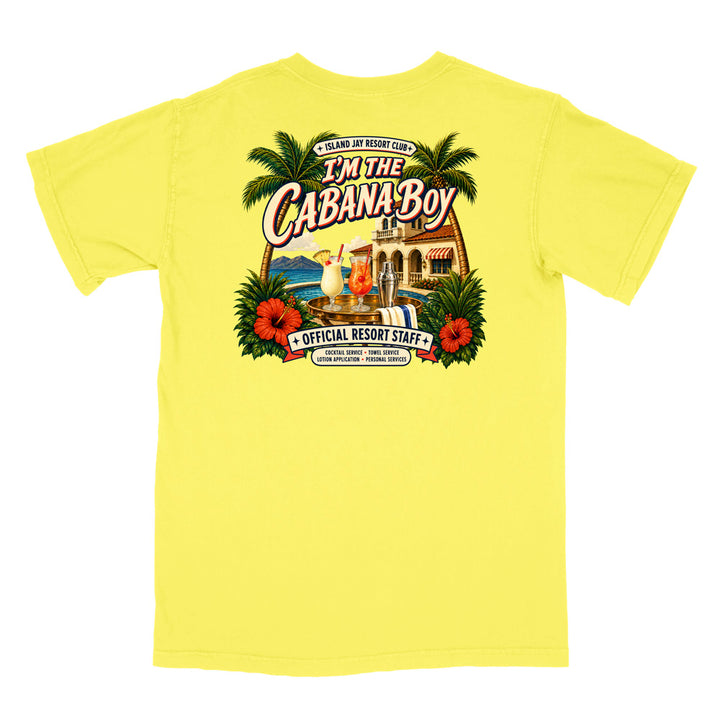 A bright yellow short-sleeve t-shirt shown flat against a white background, featuring a large colorful graphic print on the back with palm trees, hibiscus flowers, a resort scene, and the text 'I'm The Cabana Boy' and 'Official Resort Staff'.