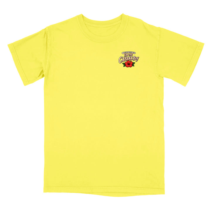 A bright yellow short-sleeve crewneck t-shirt with a small graphic on the left chest featuring the words 'Fiestas Chivas' and a red rose, displayed on a solid white background.