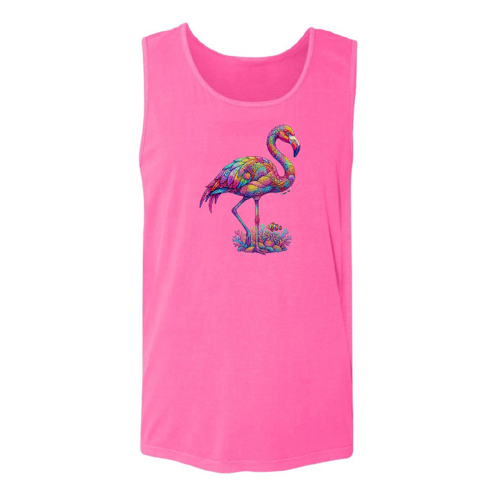 Pink tank top with a colorful flamingo design on a white background