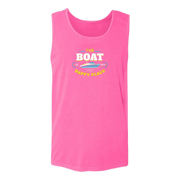 Pink tank top with 'The Boat is My Happy Place' text and graphic on a white background