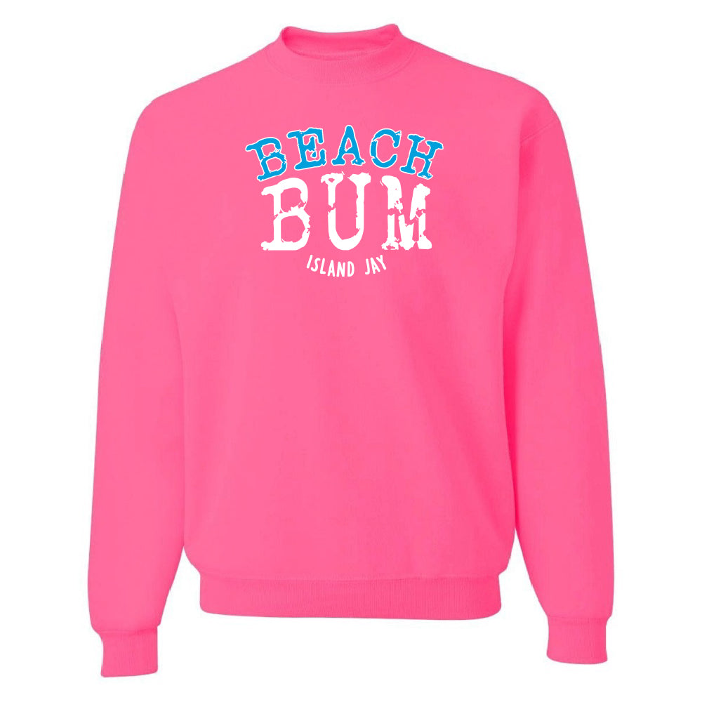 Pink sweatshirt with 'Beach Bum' text on a white background