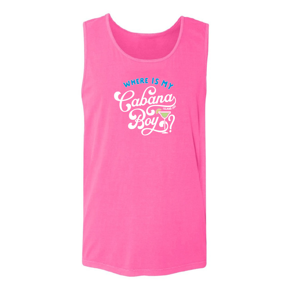 Pink tank top with text 'WHERE IS MY Cabana Boy' on a white background