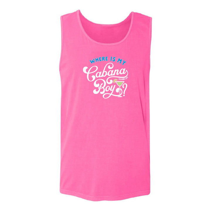 Pink tank top with text 'WHERE IS MY Cabana Boy' on a white background
