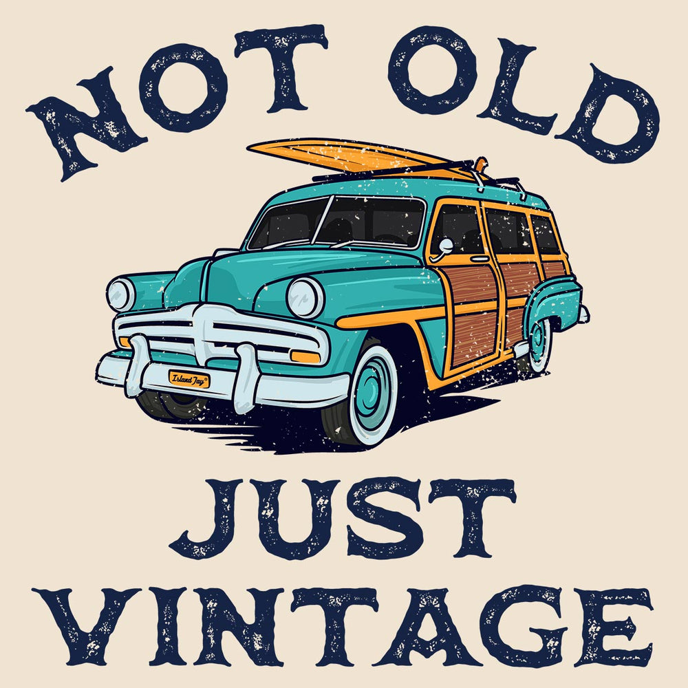 Shop Men's I'm Not Old Just Vintage tees featuring an old woody car and surfboard.  Shows the design in a distressed vintage style.  Closeup