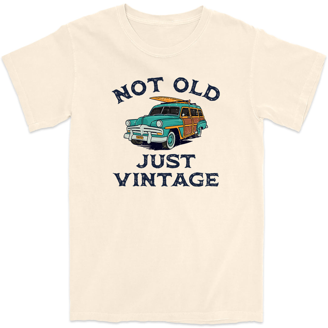 Shop Men's I'm Not Old Just Vintage tees featuring an old woody car and surfboard.  Shows the design in a distressed vintage style.  Color Natural