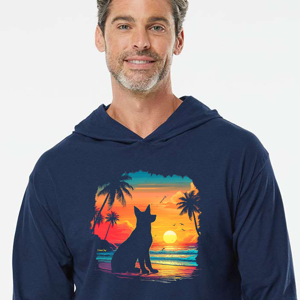 Paws and Palms Sunset Dog Tee Hoodie showing a beach dog watching a tropical sunset