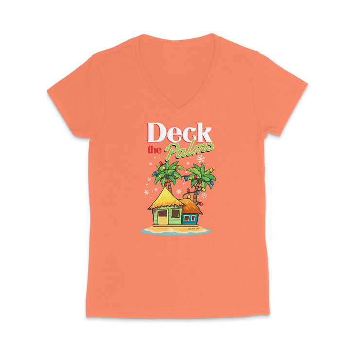 Orange t-shirt with a tropical hut and palm trees graphic and 'Deck the Palms' text on a white background.