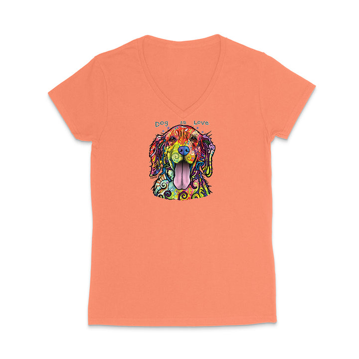 Orange t-shirt with a colorful dog graphic and text on a white background