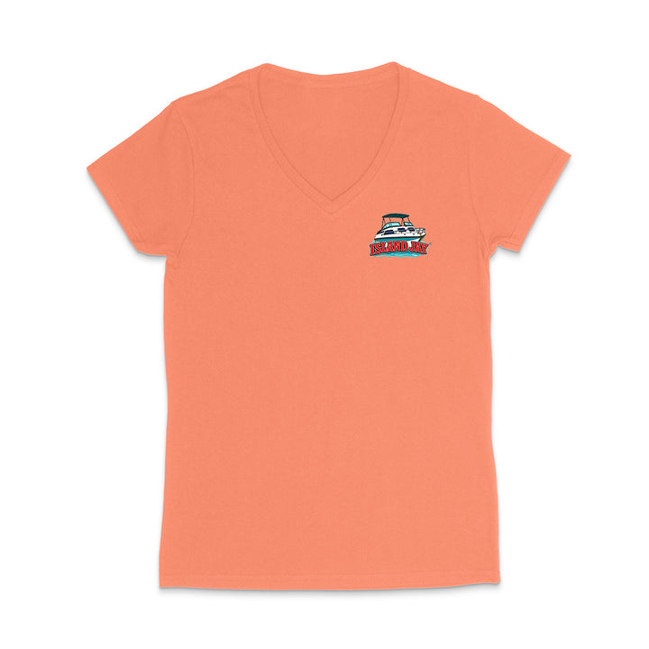 A coral orange short-sleeve V-neck t-shirt with a small boat graphic printed on the left chest, displayed on a clean white background.