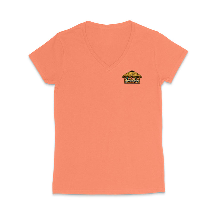A coral orange V-neck short-sleeve t-shirt with a small graphic of a thatched-roof hut on the left chest, displayed on a clean white background.