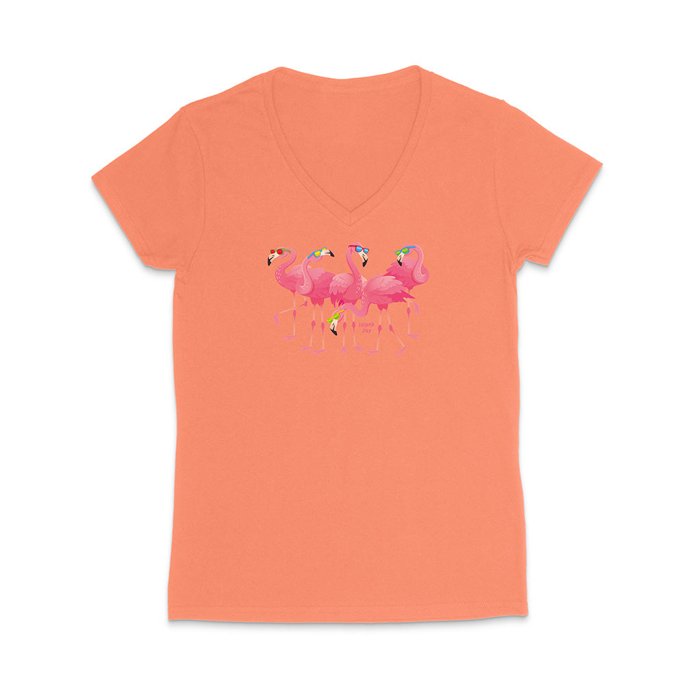 Coral t-shirt with flamingo design on a white background