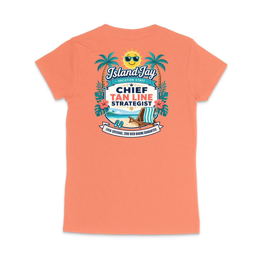 A coral orange short-sleeve t-shirt shown from the back, featuring a colorful graphic print with palm trees, a beach umbrella, and text that reads 'Island Jay' and 'Chief Tan Line Strategist'.