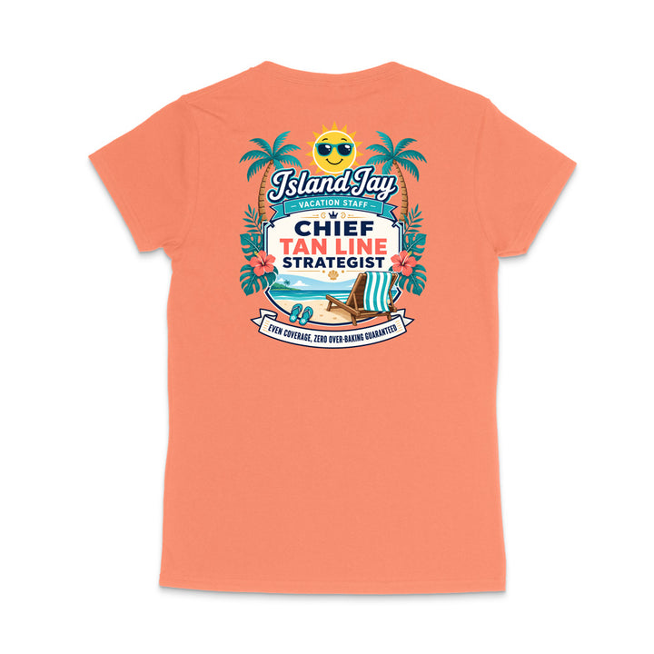 A coral orange short-sleeve t-shirt shown from the back, featuring a colorful graphic print with palm trees, a beach umbrella, and text that reads 'Island Jay' and 'Chief Tan Line Strategist'.